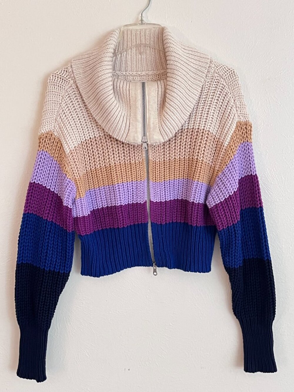 Aerie Women's Color Block Cropped Chunky Knit Zip Cardigan Sweater M NWT Granola